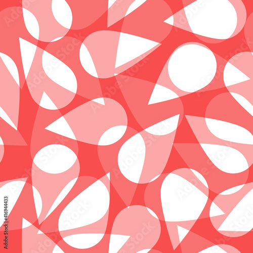 Seamless pattern of abstract elements in red shades for textiles.