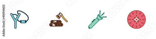 Set Slingshot, Wooden axe and wood, Flashlight and Compass icon. Vector.