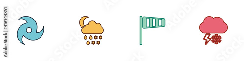 Set Tornado, Cloud with snow, rain, moon, Cone windsock wind vane and and lightning icon. Vector.