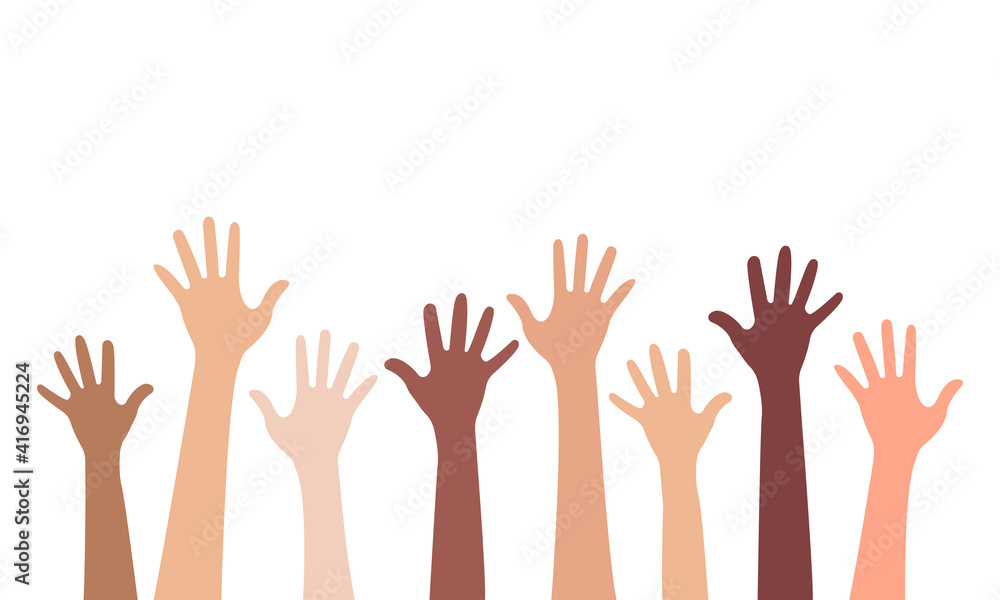 Multi-ethnic and Diverse Hands Raised Up Isolated on White Background. Vector Illustration