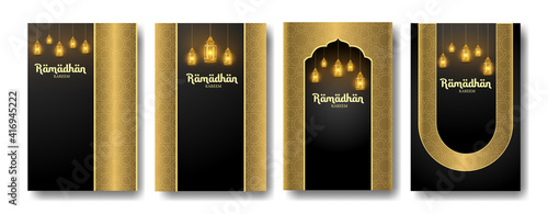 Ramadan Kareem vertical banner with lantern lights. Vector Illustration for greeting cards, posters and vouchers.