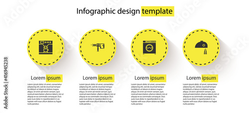 Set Coffee machine and cup, Rotary hammer drill, Washer and Electric mixer. Business infographic template. Vector.