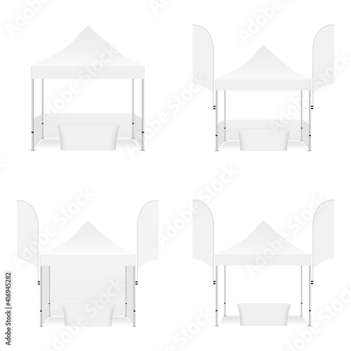 Set of Outdoor Tents with Flags and Tables Isolated on White Background. Vector Illustration