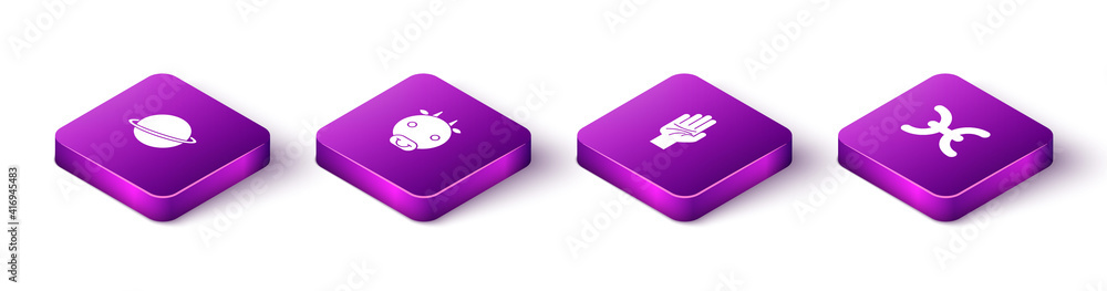 Set Isometric Planet Saturn, Ox zodiac, Palmistry of the hand and Pisces icon. Vector. Set Isometric Planet Saturn, Ox zodiac, Palmistry of the hand and Pisces icon. Vector.