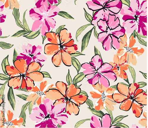 Floral pattern in hand drawn style for fashion  fabric and all prints on ecru background