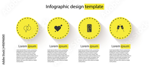 Set Gender, Amour with heart and arrow, Mobile and Glass of champagne. Business infographic template. Vector.