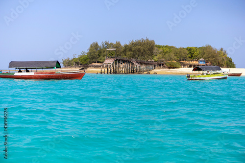 Indian Ocean coast in Zanzibar. Sunny day in a tropical location. Turtle Island or Prison Island in Tanzania.