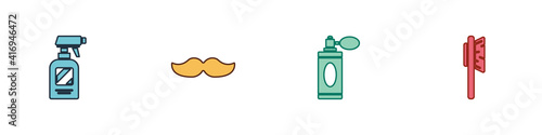 Set Hairdresser pistol spray bottle, Mustache, Aftershave with atomizer and Hairbrush icon. Vector.