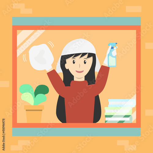 woman stays inside hose her hands holding rag and bottle spray cleaning the window cartoon vector