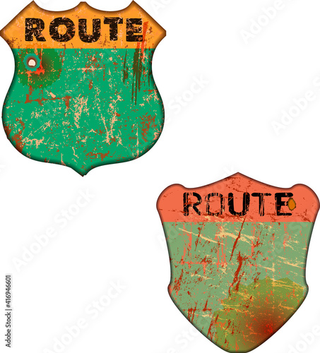 grunge blank vintage route 66 signs or picture frame, free copy space, vector illustration, fictional artwork,symbol