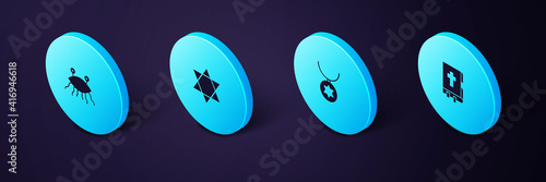 Set Isometric Holy bible book, Star of David necklace on chain, and Pastafarianism icon. Vector.