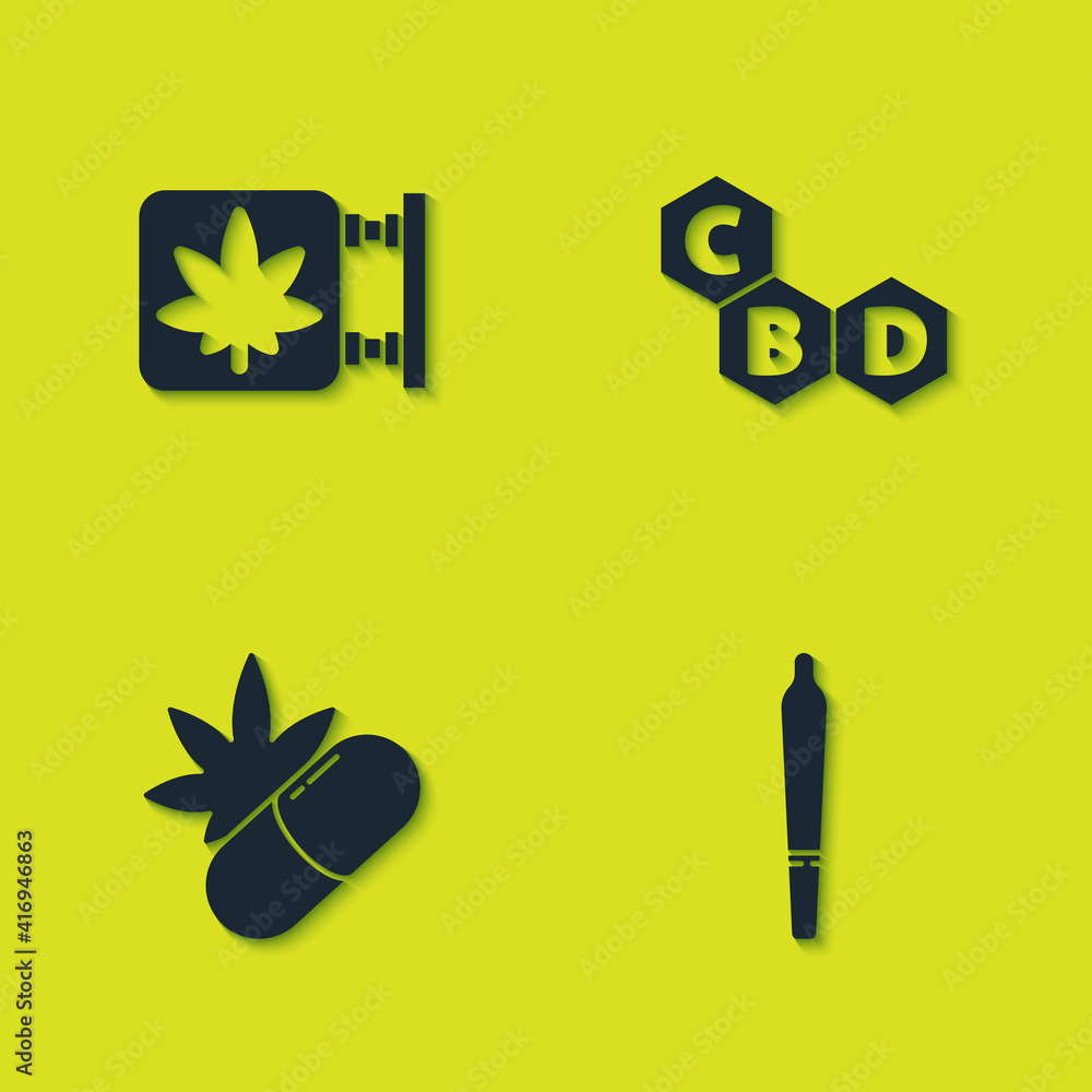 Set Marijuana and cannabis store, joint, Medical pills with marijuana and Cannabis molecule icon. Vector.