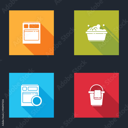 Set Kitchen dishwasher machine, Plastic basin with soap suds, and Bucket rag icon. Vector.
