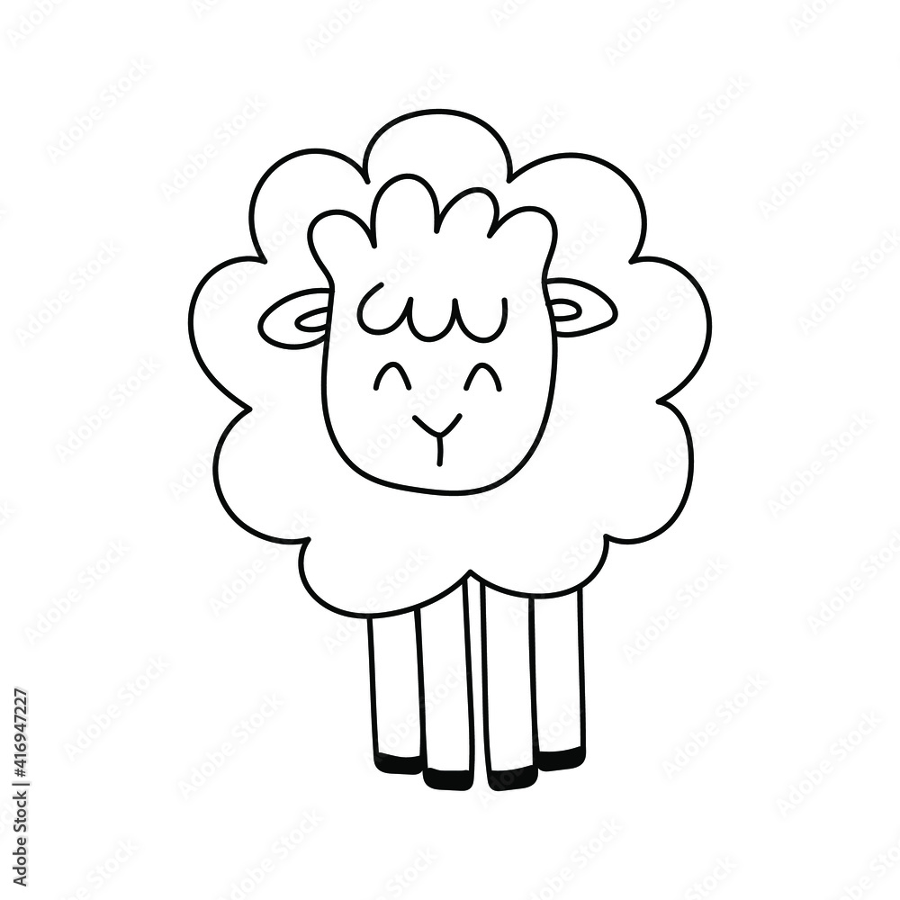 Fototapeta premium Spring sheep doodle. linear vector illustration. hand-drawn symbols and style objects . Cute lamb. Simple, black animal drawing for sticker, decor, postcard, badge, coloring book, logo
