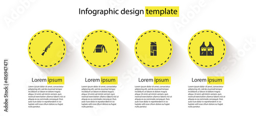 Set Shotgun, Tourist tent, Lighter and Hunting jacket. Business infographic template. Vector.