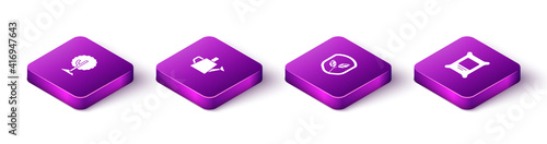 Set Isometric Tree, Watering can, Shield with leaf and Fertilizer bag icon. Vector.