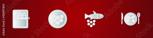 Set Canned fish, Caviar on plate, Fish with caviar and Served crab icon. Vector.