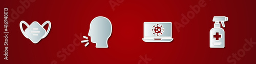 Set Medical protective mask, Man coughing, Virus statistics on laptop and Liquid antibacterial soap icon. Vector.
