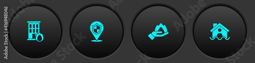 Set Fire in burning house, Location shield, Hand holding fire and House flood icon. Vector.