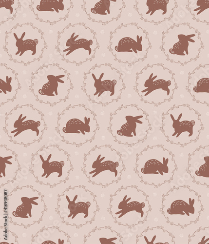 Easter Chocolate Bunny vector seamless pattern. Illustration of spring rabbit in floral wreath for textile or wrapping surface. Happy Easter ornament for Christian spring holidays.