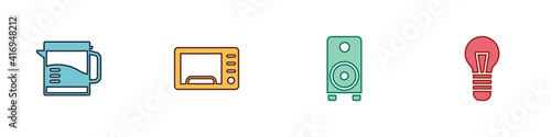 Set Electric kettle, Microwave oven, Stereo speaker and Light bulb icon. Vector.