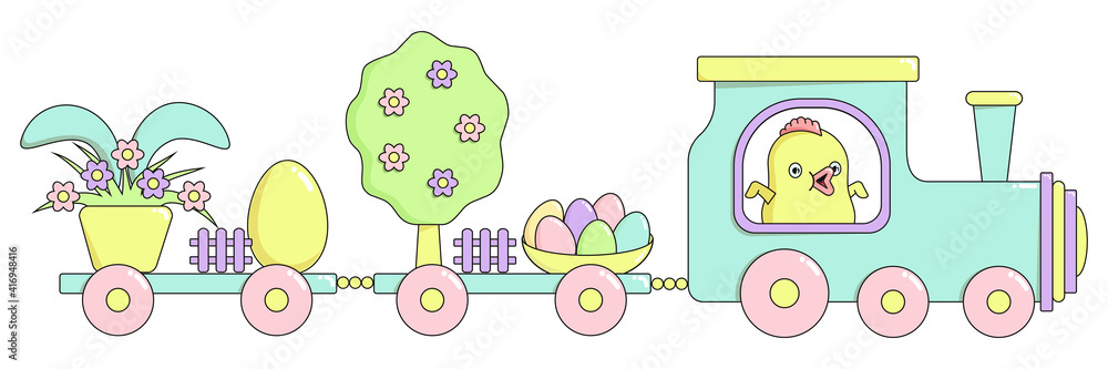 Happy Easter train with a cute chicken, a spring tree in flowers, painted bright eggs, a rabbit hiding behind a flower pot in pastel colors. Horizontal holiday vector banner in flat cartoon style. Happy Easter train with a cute chicken, a spring tree in flowers, painted bright eggs, a rabbit hiding behind a flower pot in pastel colors. Horizontal holiday vector banner in flat cartoon style.