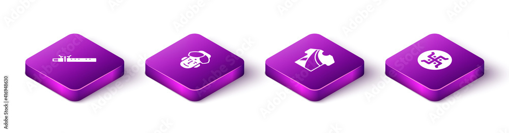 Set Isometric Bamboo flute indian, Indian man, dress and Hindu swastika icon. Vector. Set Isometric Bamboo flute indian, Indian man, dress and Hindu swastika icon. Vector.