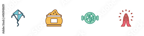 Set Kite, Indian spice, Chicken tikka masala and Hands in praying position icon. Vector.