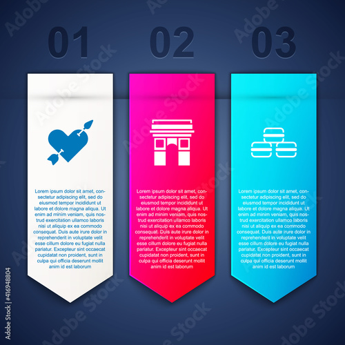 Set Amour with heart and arrow, Triumphal Arch and Macaron cookie. Business infographic template. Vector.