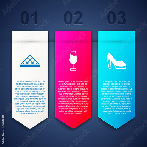 Set Louvre museum, Wine glass and Woman shoe. Business infographic template. Vector.