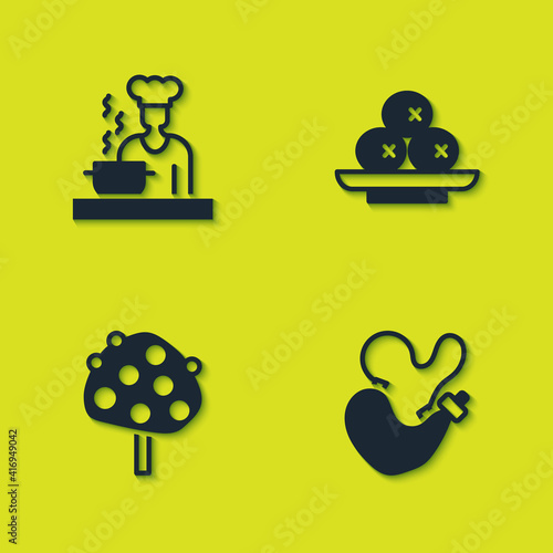 Set Spanish cook, wineskin, Orange tree and Olives on plate icon. Vector.