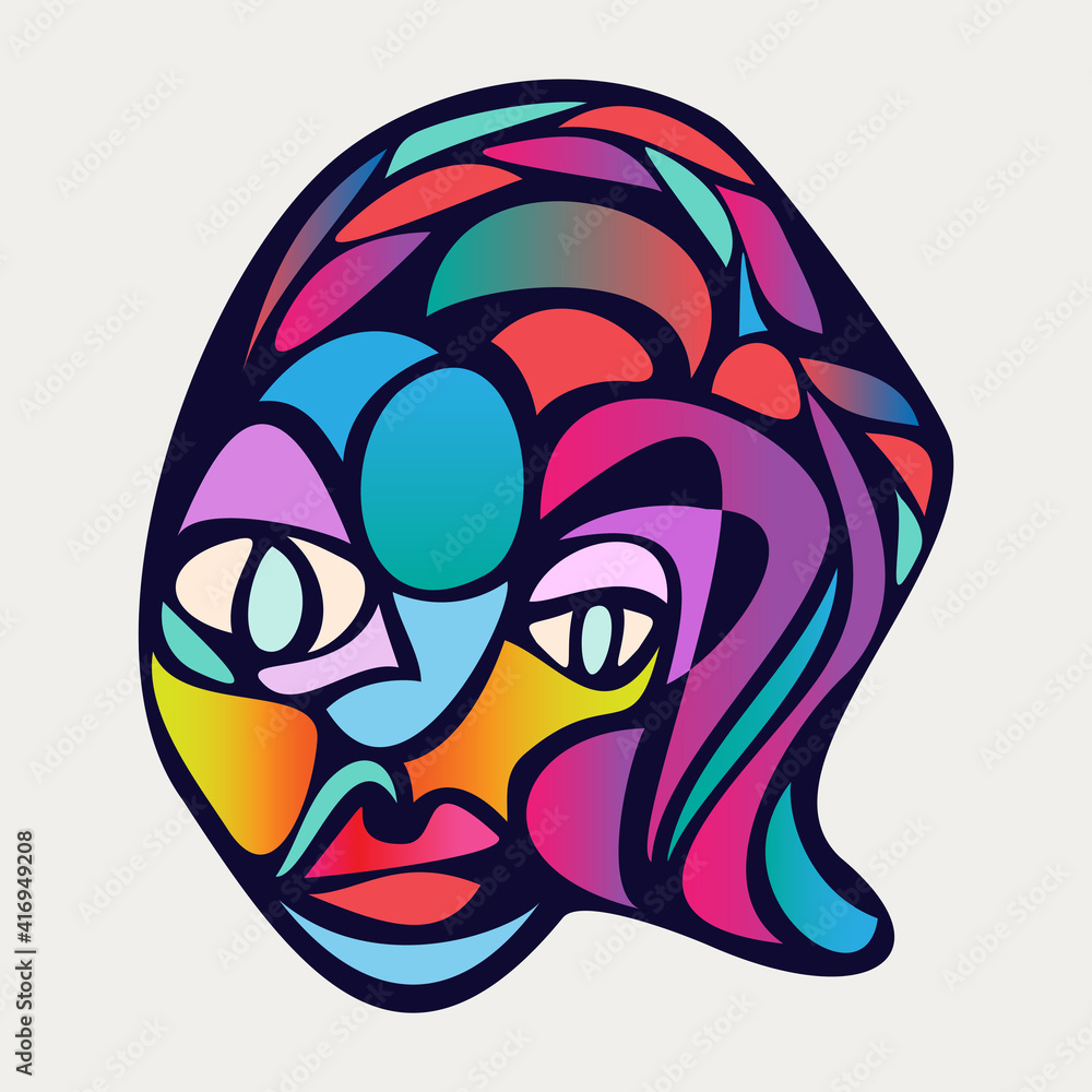 Abstract design of surreal face portrait. Hand-drawn face with a hint of cubism in funky colors. Concept art can be used for fashion, beauty treatment, health, and mental wellbeing. Abstract design of surreal face portrait. Hand-drawn face with a hint of cubism in funky colors. Concept art can be used for fashion, beauty treatment, health, and mental wellbeing.