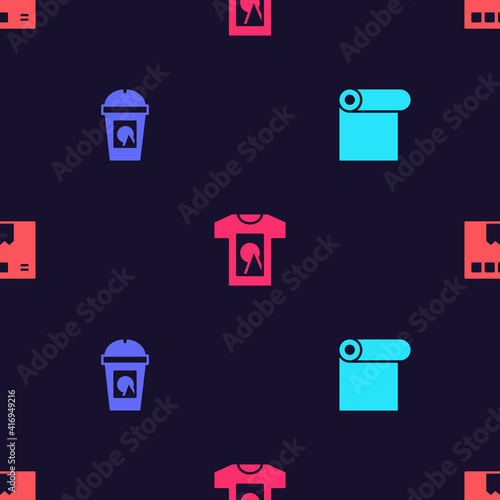 Set Roll of paper, Coffee cup to go, T-shirt and Carton cardboard box on seamless pattern. Vector.