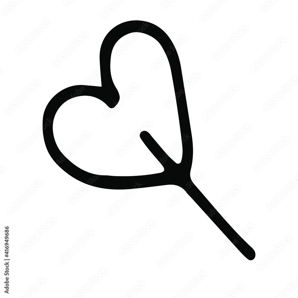 A heart-shaped sweet lollipop, a cute gift for Valentine's Day or another holiday. Drawn by a black line on a white background. For romantic events shops, stickers, gift wraps. Vector outline image. A heart-shaped sweet lollipop, a cute gift for Valentine's Day or another holiday. Drawn by a black line on a white background. For romantic events shops, stickers, gift wraps. Vector outline image.