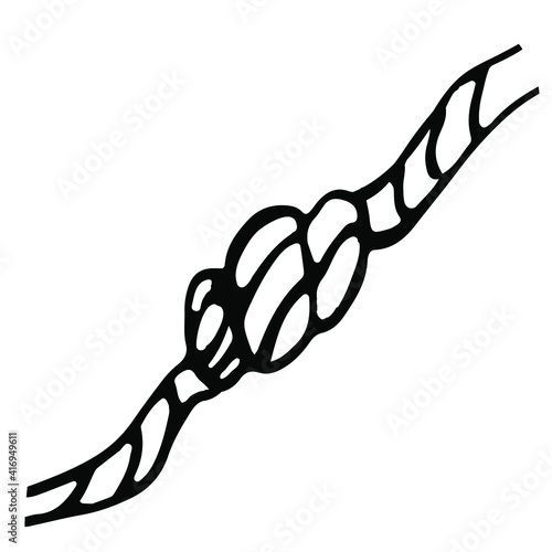 A hawser tied in a knot. Black rope on a white background. Image for construction stores, nautical elements, the personification of strong friendship, family, partnership.  Vector stock outline image.