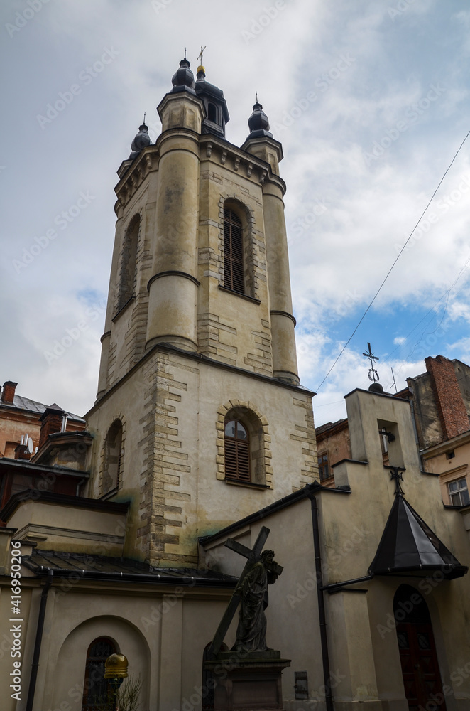 View on bell tower of Armenian Cathedral of the Assumption of Mary in Lviv, Ukraine