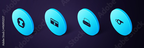 Set Isometric Whistle, Sport bag, Boxing ring board and helmet icon. Vector.