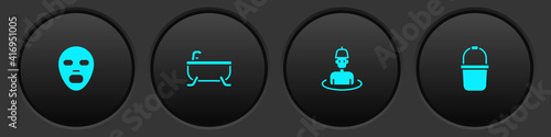 Set Facial cosmetic mask, Bathtub, Man in the sauna and Sauna bucket icon. Vector.
