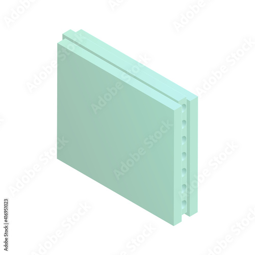 Isometric vector illustration wall gypsum board isolated on white background. Realistic construction block icon in flat cartoon style. Tongue-and-groove plaster plate. Building, construction material.