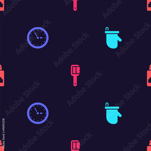 Set Sauna mittens, clock, brush and Spray can for hairspray on seamless pattern. Vector.