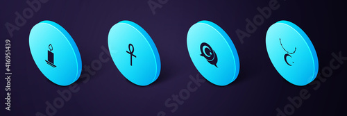Set Isometric Star and crescent on chain, , Cross ankh and Burning candle icon. Vector.