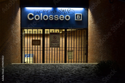Photography sign of metro Station colosseum closed at night