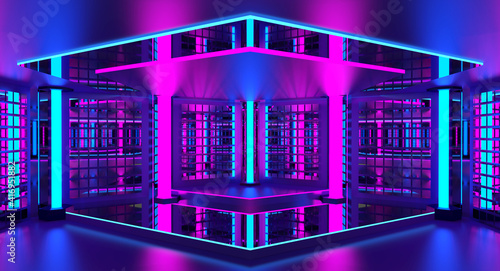 3d pink violet blue neon abstract background. Night club interior. Ultraviolet podium decoration empty room. Glowing lights. Render.