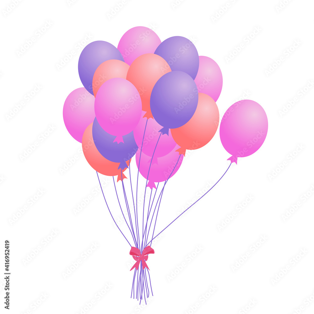 Very sweet pastel balloons isolated on white background. There’s a pink one separately floating on the right. All the ropes are tied with the pink bow.