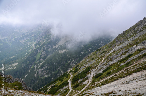 Beautiful sharp mountain peaks in summer time in National Park High Tatras with cloudy sky.