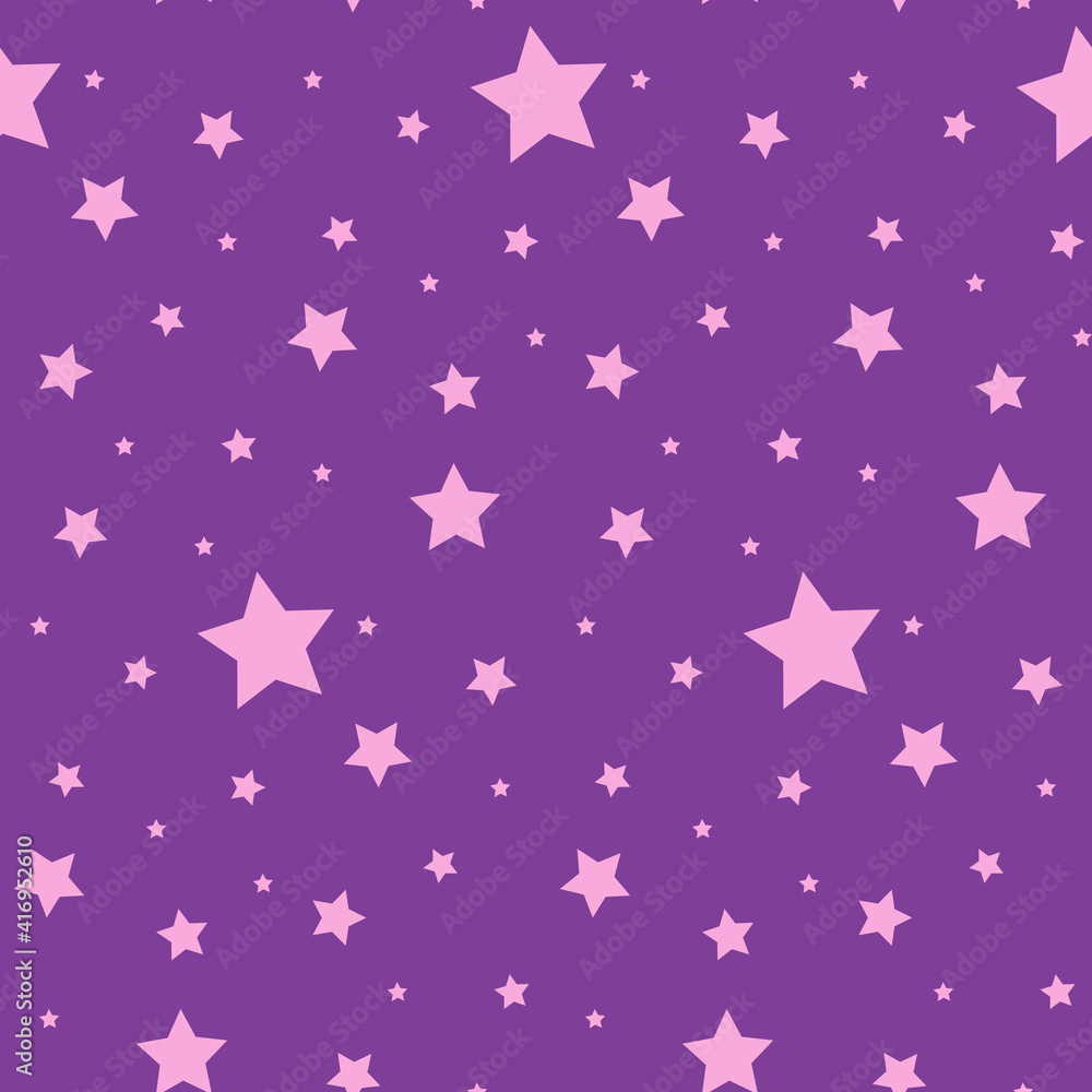 Vector seamless pattern with stars. Colorful background. Simple creative print for clothes, web, greeting cards, gift wrap and design. Pink stars on purple board. Night sky, astrology and astronomy