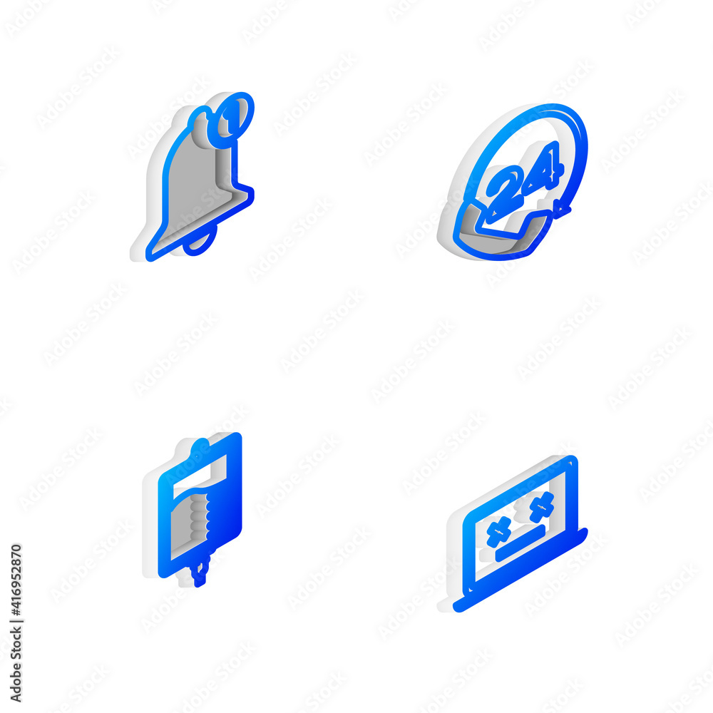 Set Isometric line Telephone 24 hours support, Bell, IV bag and Dead laptop icon. Vector. Set Isometric line Telephone 24 hours support, Bell, IV bag and Dead laptop icon. Vector.