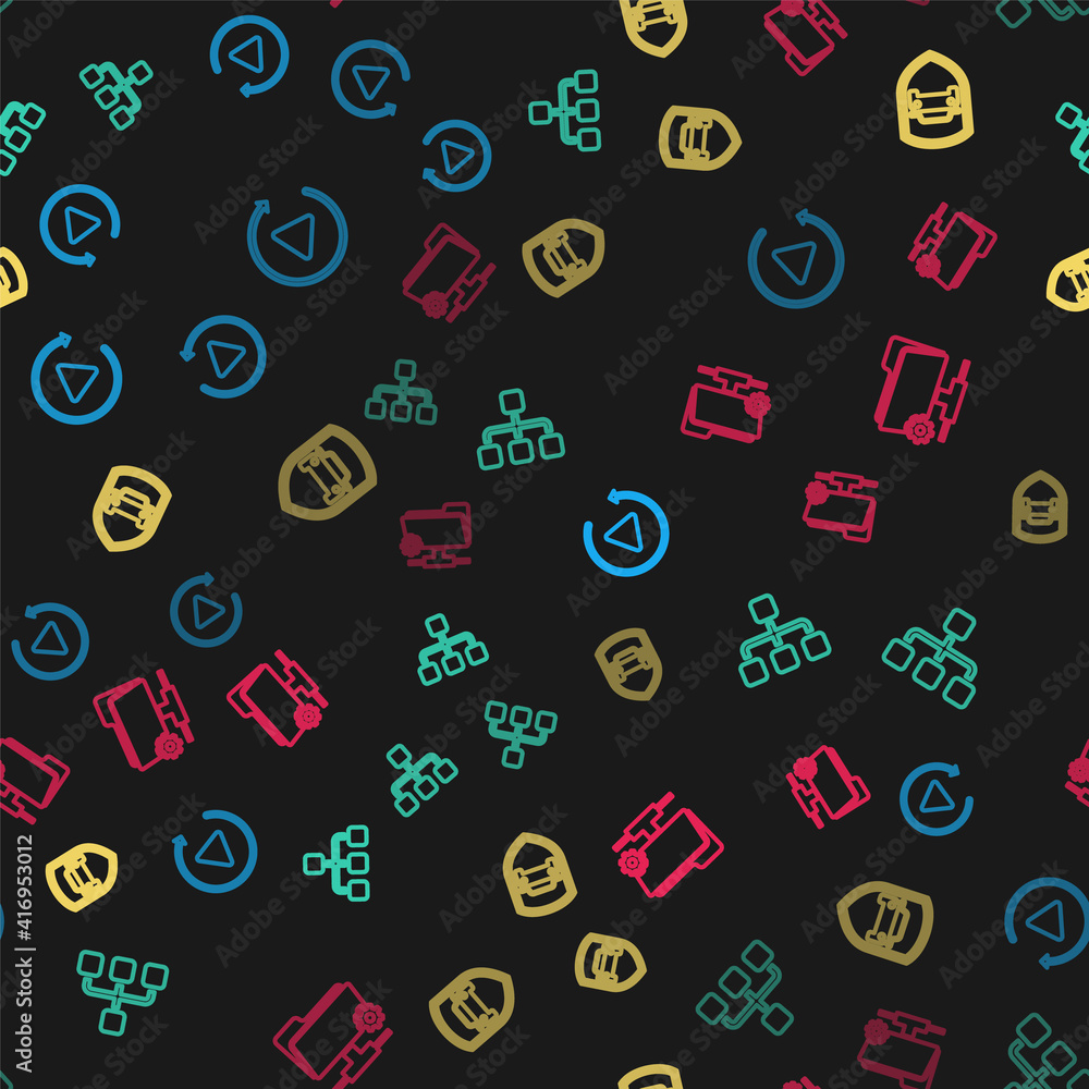 Set line Video play button, Hierarchy organogram chart, Car protection insurance and FTP settings folder on seamless pattern. Vector. Set line Video play button, Hierarchy organogram chart, Car protection insurance and FTP settings folder on seamless pattern. Vector.