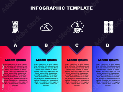 Set line Cryptocurrency bitcoin in circuit, cloud mining, and Mining farm. Business infographic template. Vector.