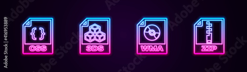 Set line CSS file document, 3DS, WMA and ZIP. Glowing neon icon. Vector.